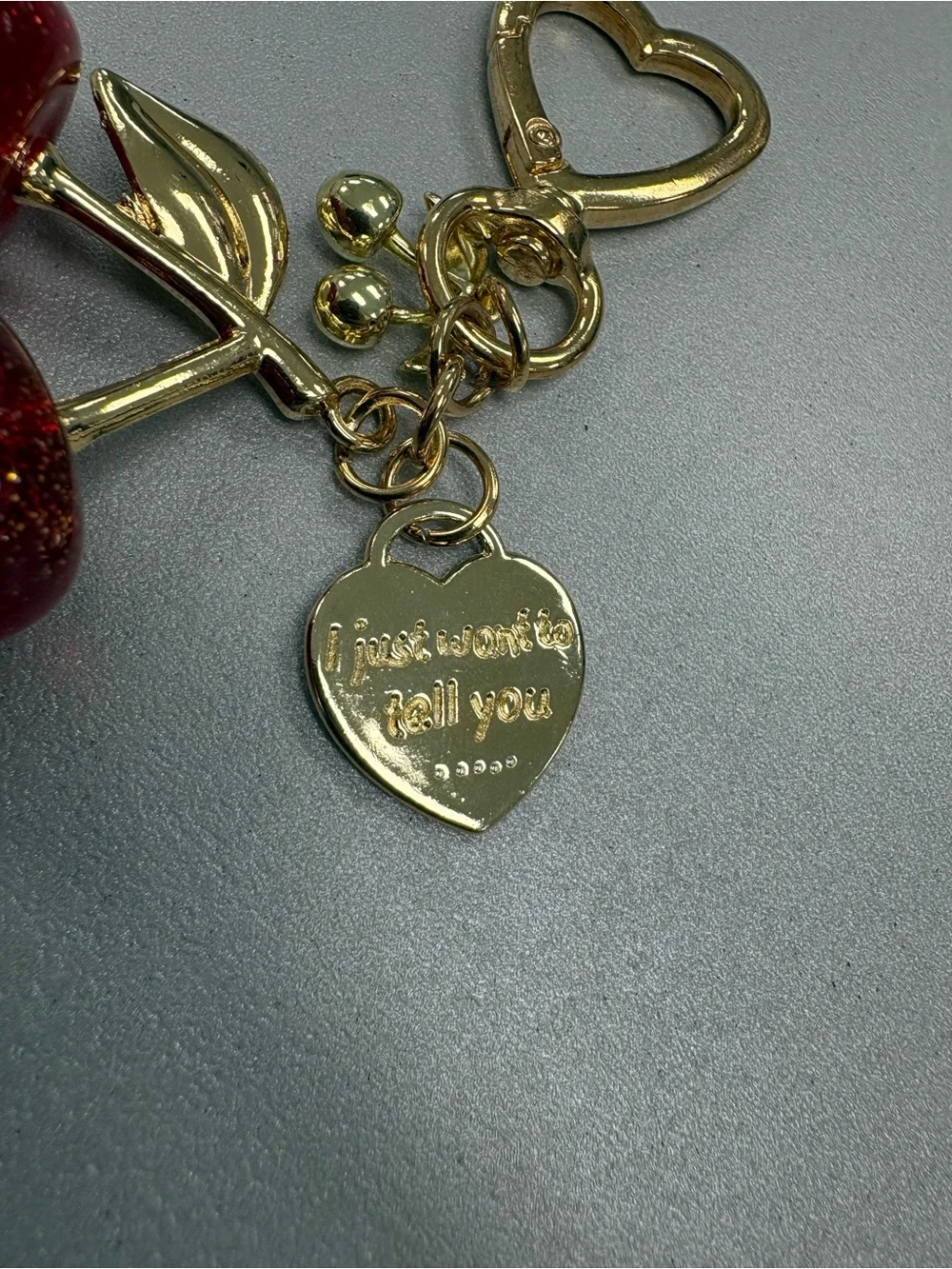Aesthetic Glitter Resin Cherry Bag Charm Keychain with Gold Heart Clasp